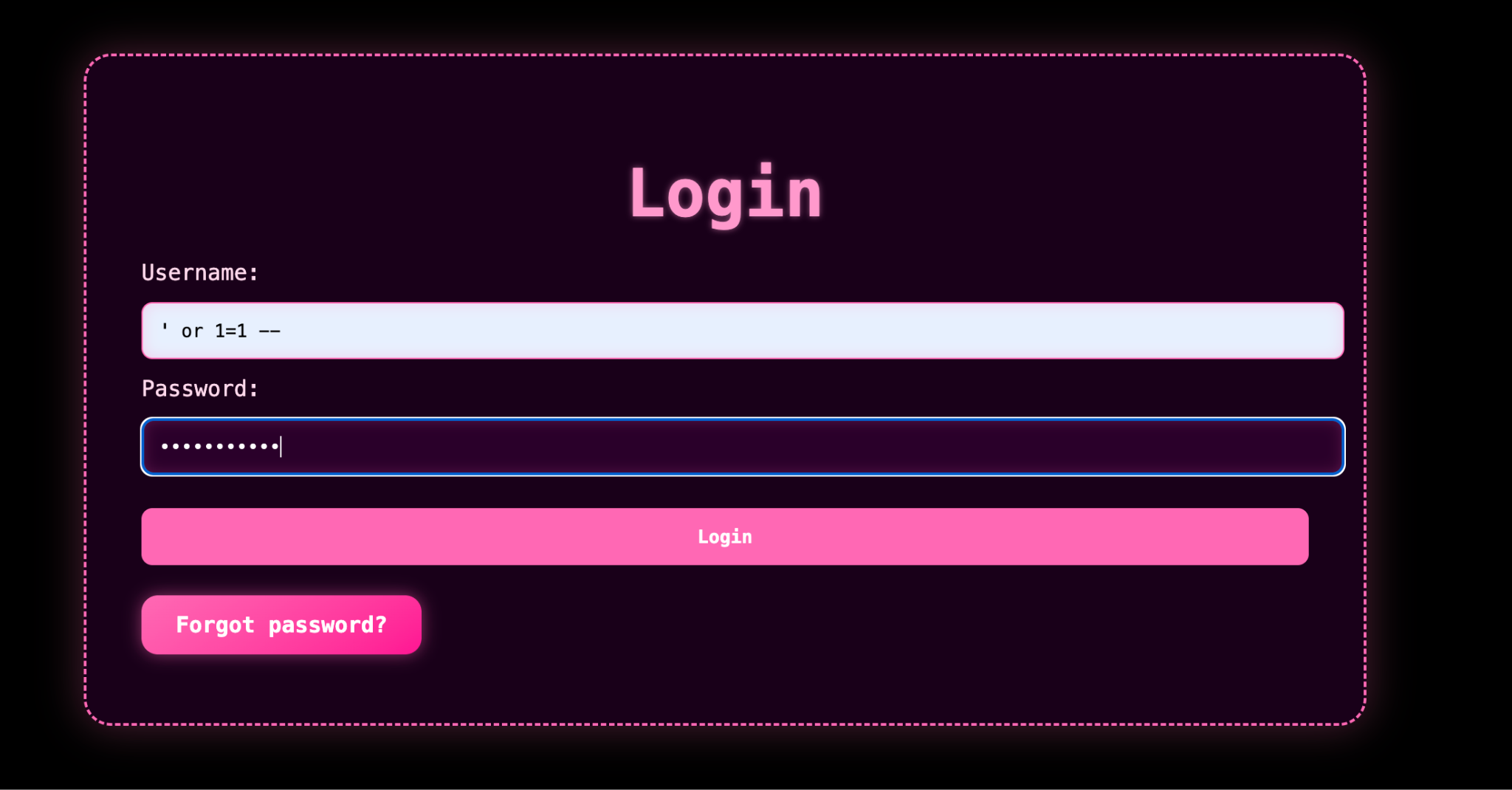 Login page with SQL injection